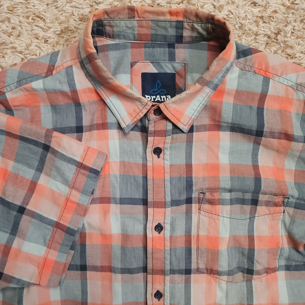 prAna Plaid‎ Mens L Short Sleeve Button Up Casual Shirt 100% Organic Cotton